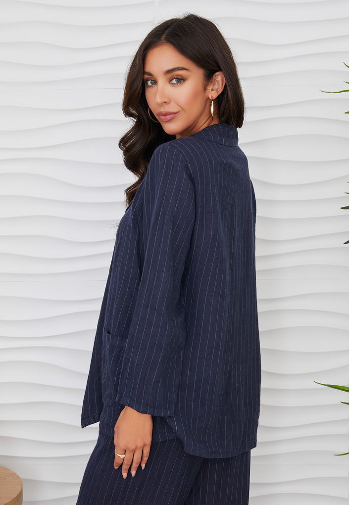 Pinstripe Linen Open Blazer