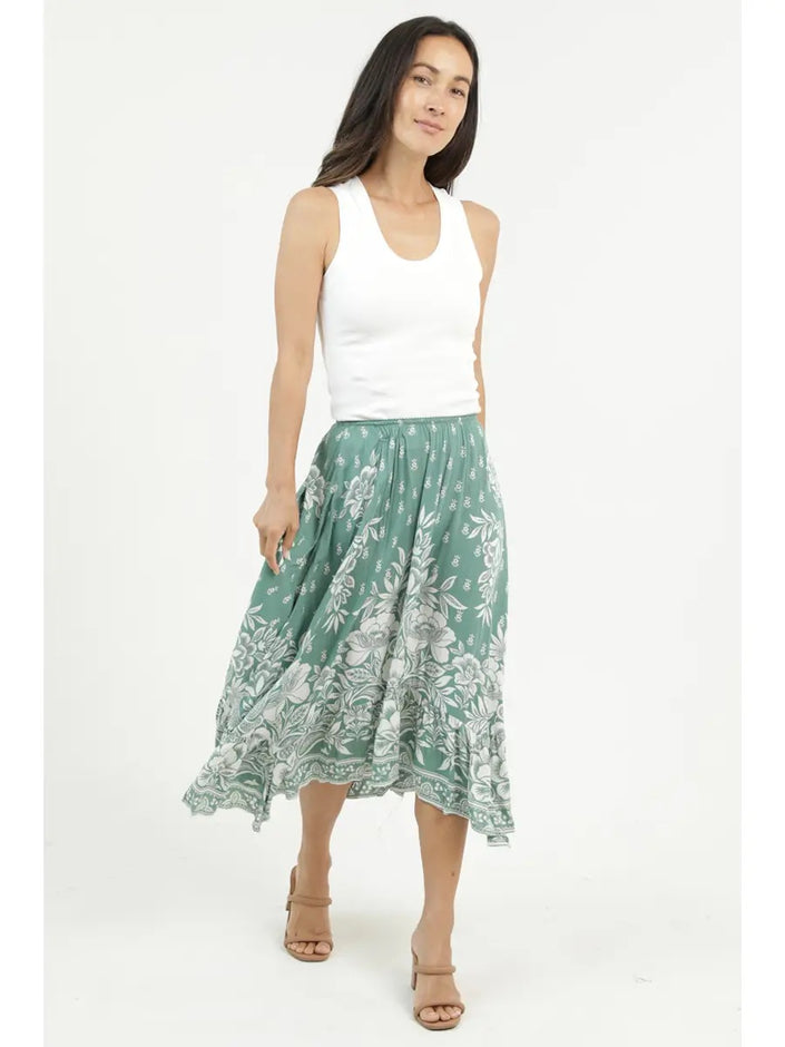 Printed A Line Hanky Hem Midi Skirt Green