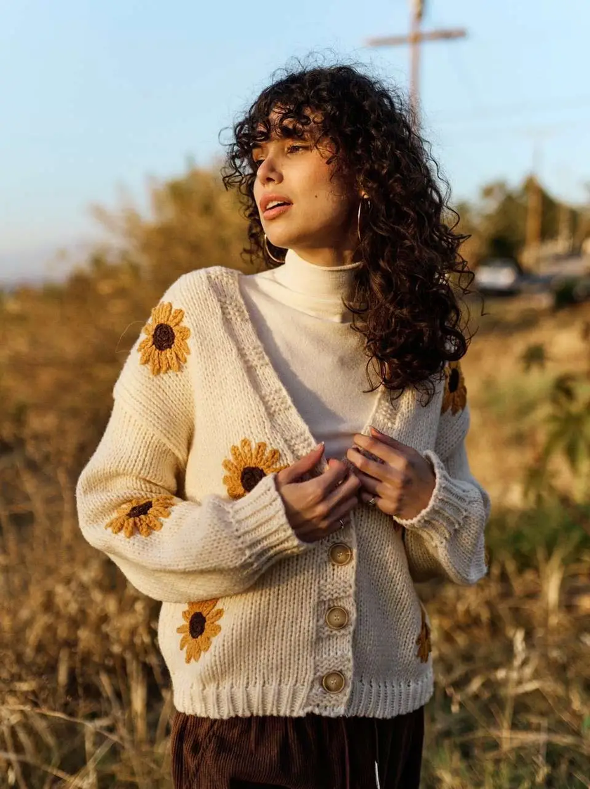 Sunflower Embroidered V Neck Cardigan, cream-front