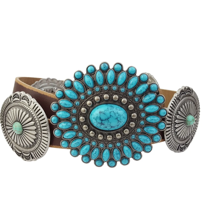 Western Genuine Distressed Leather belt  w. oval conchos close up