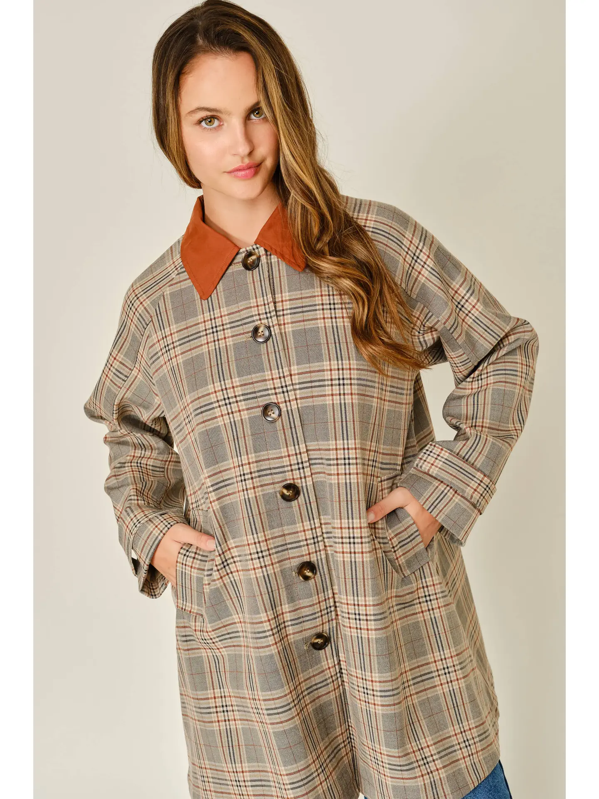 Mindy Plaid Button Down Trench Coat