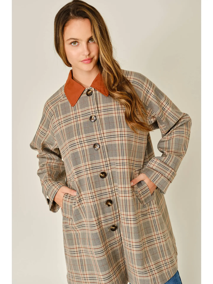 Mindy Plaid Button Down Trench Coat
