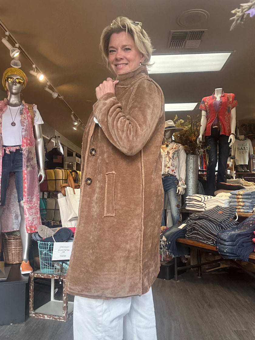 Holly Cozy Cord Mid Length Coat camel side