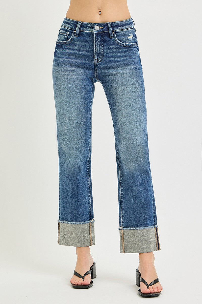 Mid Rise Ankle Straight Cuffed Jeans