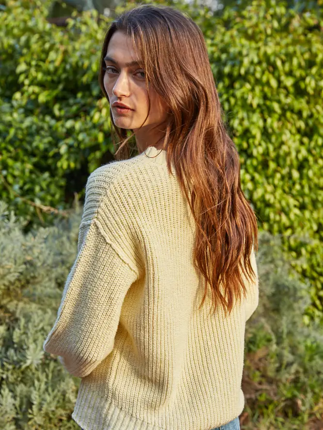 Knit Sweater Cotton Ribbed High Mock Neck Top dusty lemon