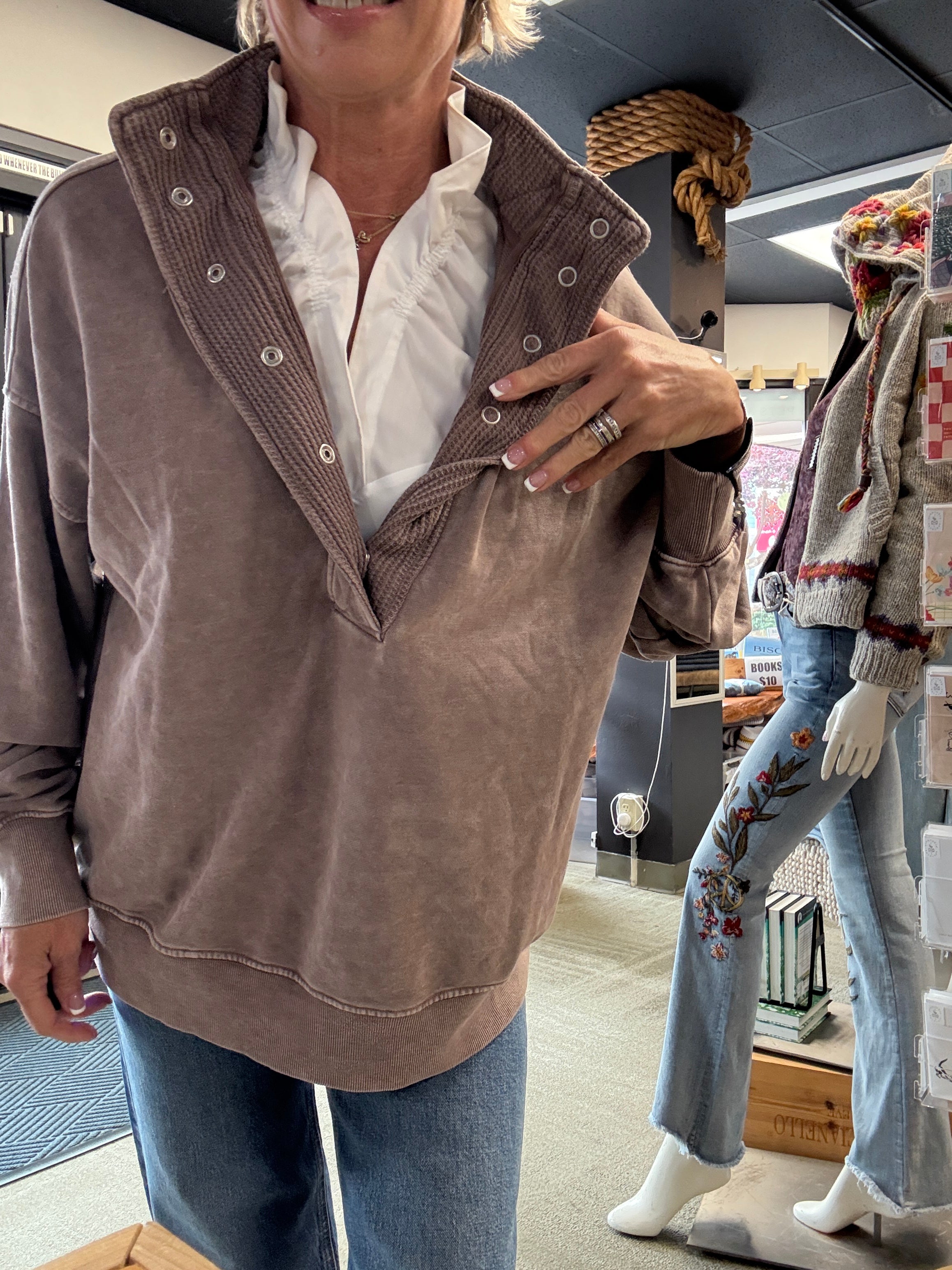 French Terry Quarter Snap Sweatshirt front snap detail mocha