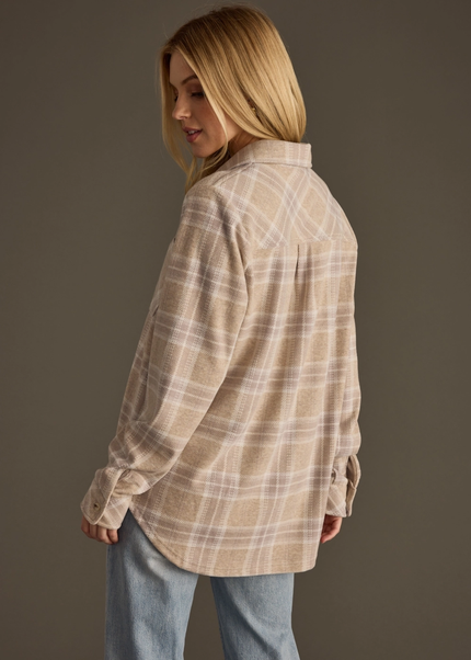 Tan, Mauve & White Plaid Button Up