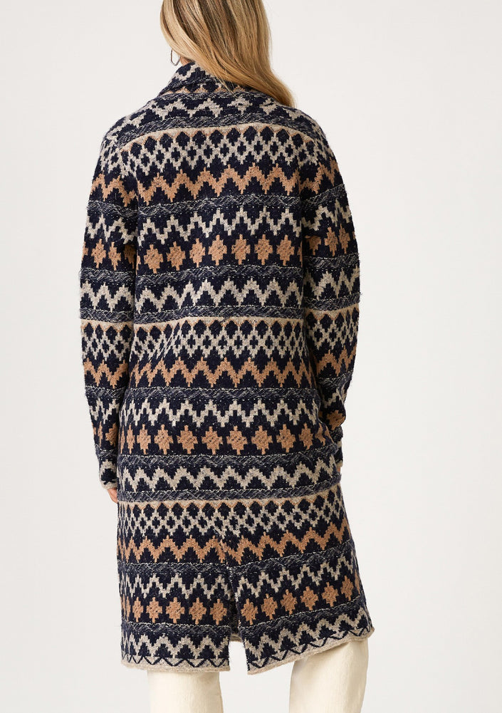 Bohemian Chevron Button Front Knit, navy/camel-back