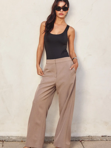 Strictly Business Pinstriped Wide Leg Trousers, mocha/black-front