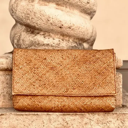 Rattan Clutch with Batik Print Lining - Brown-front