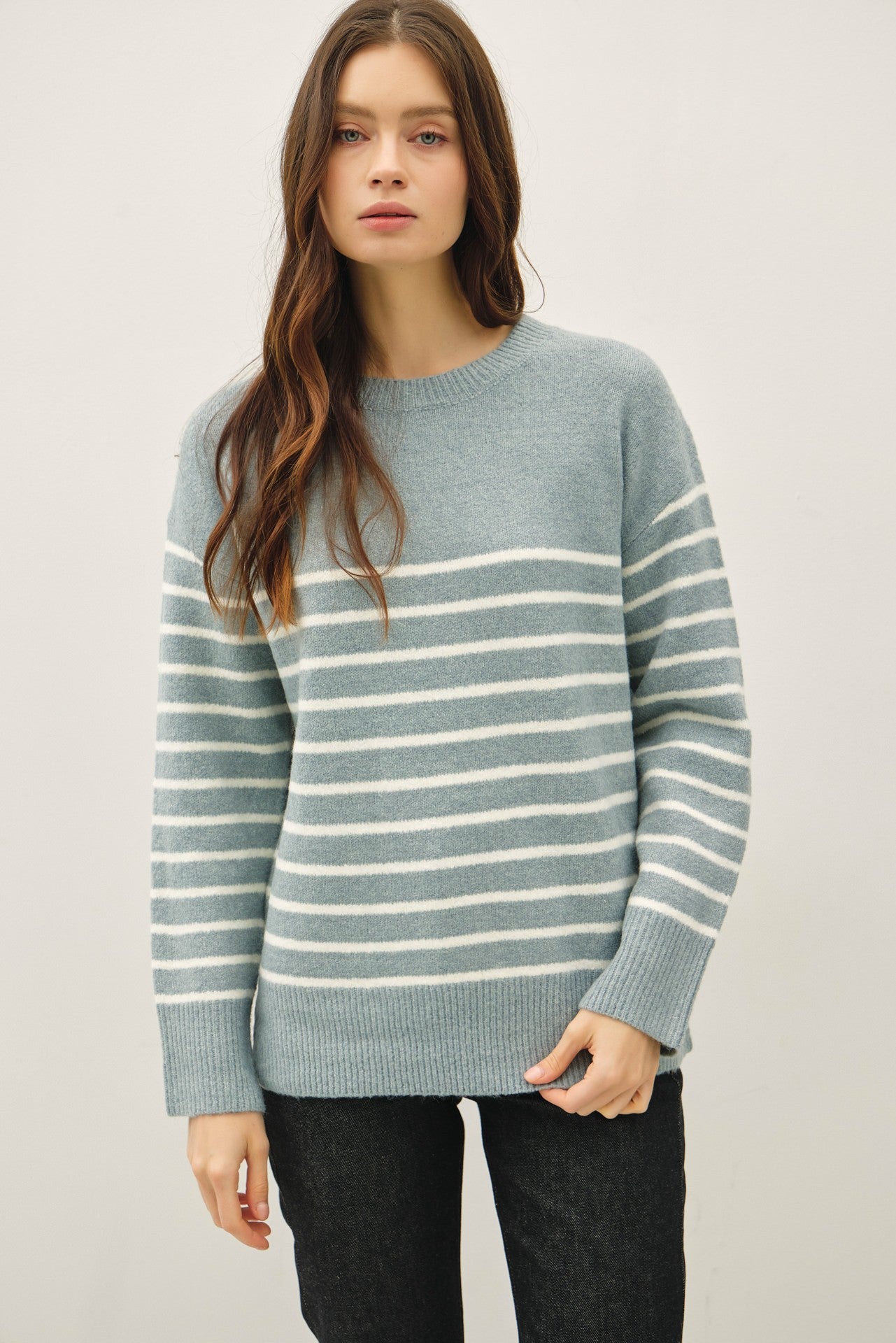 Wool Blend Striped Sweater Accents retro blue front