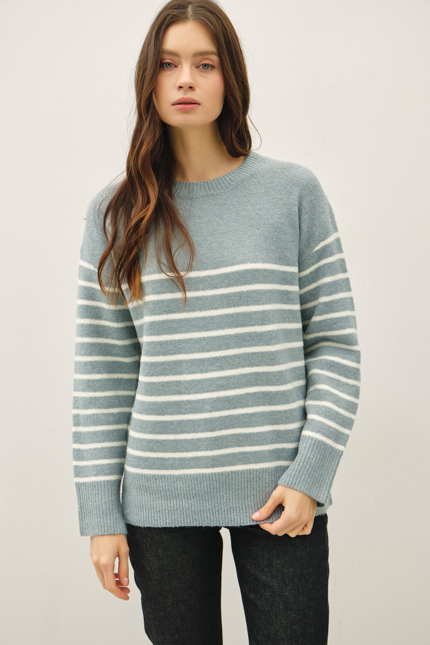 Wool Blend Striped Sweater Accents retro blue front
