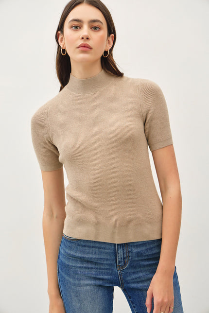 Shallan Fitted Short Sleeve Ribbed MockNeck Sweater