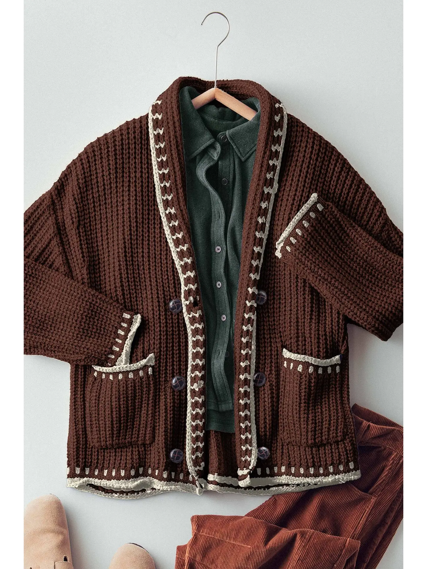 Chunky Knit Cozy Cardigan Sweater with Stitch Looks brown