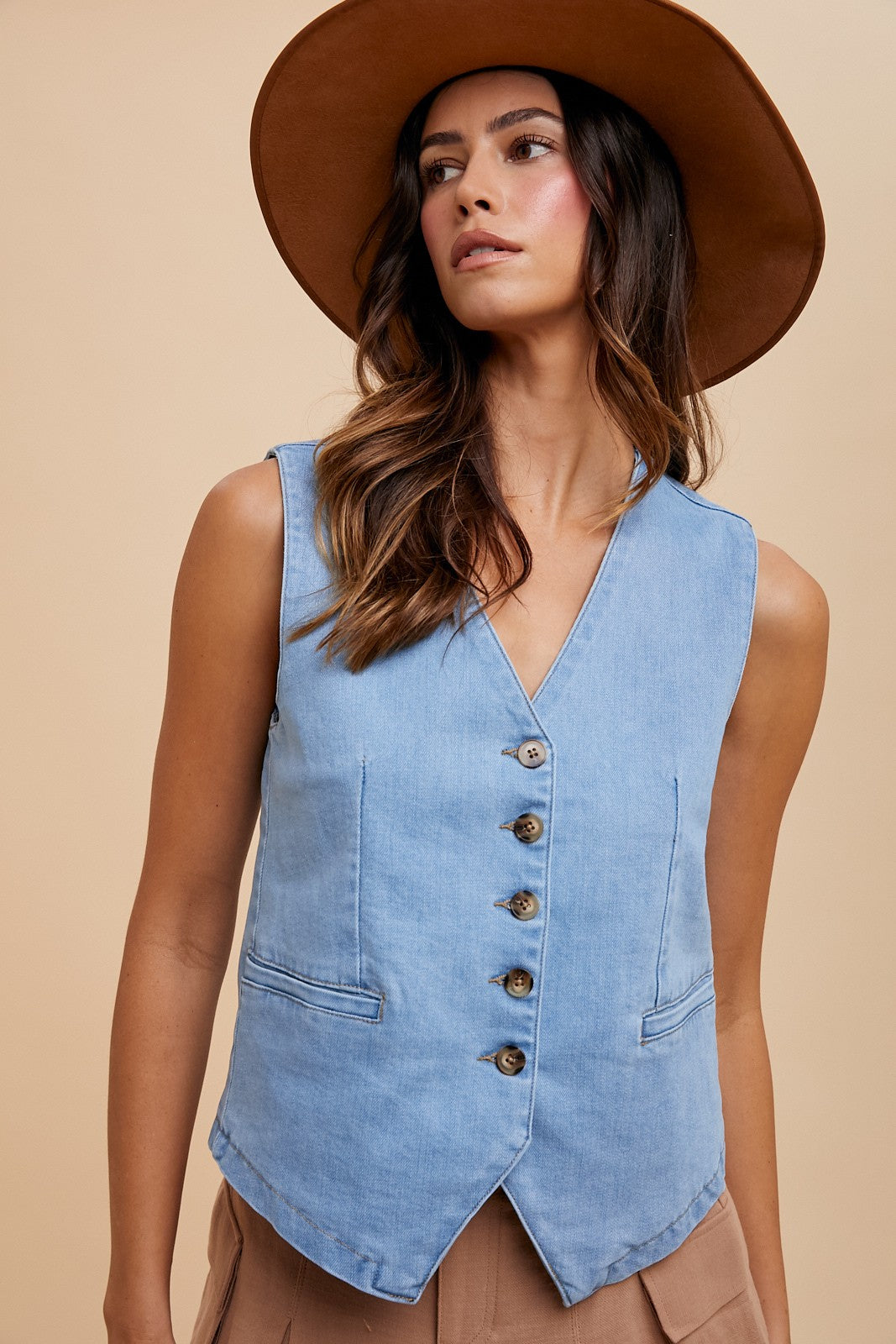 Stella Strech Denim Button Down Vest light model