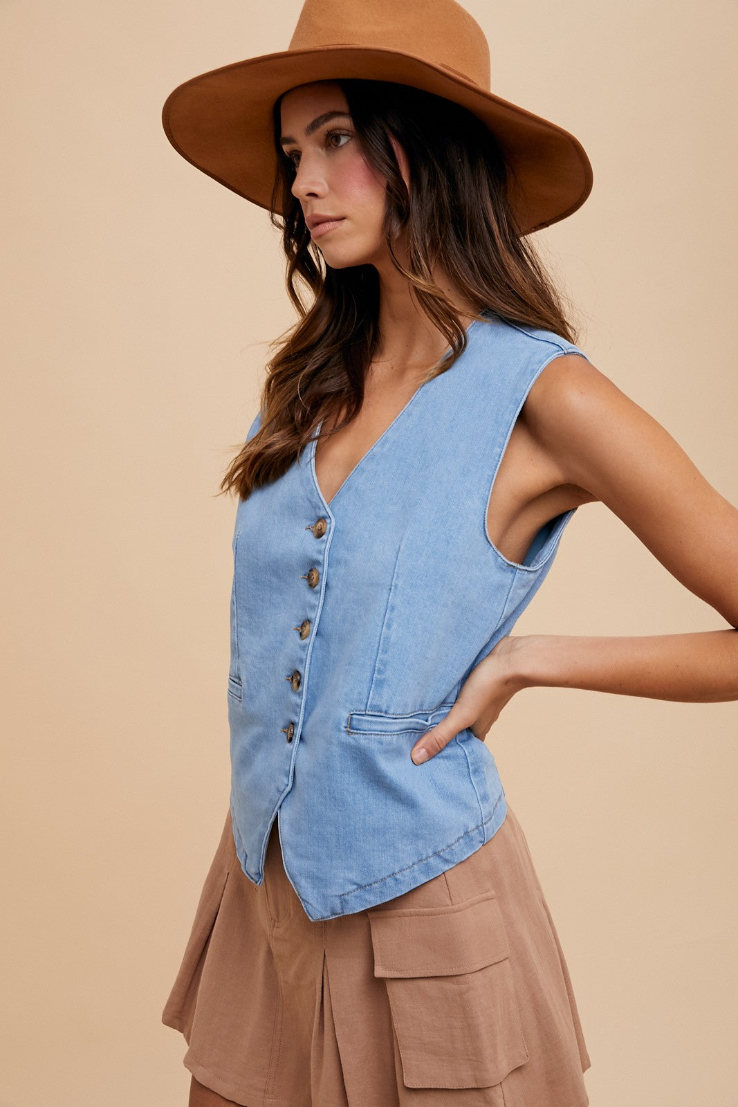 Stella Strech Denim Button Down Vest light denim side