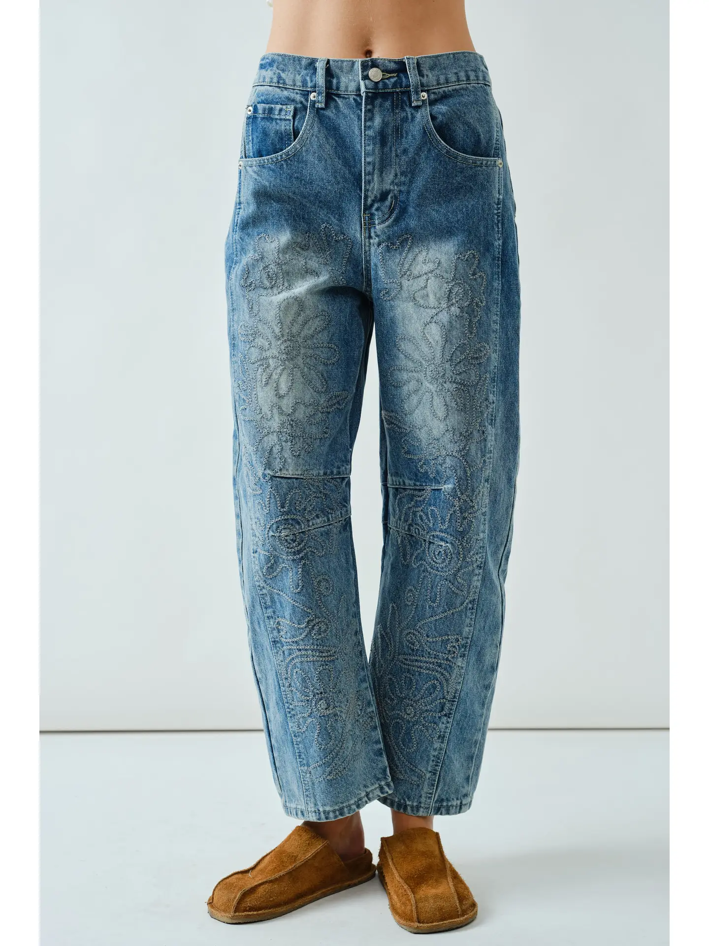 EMBROIDERED DETAIL COTTON BARREL PANTS