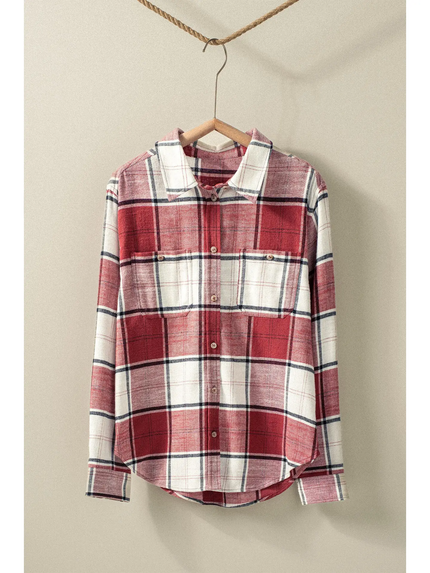 Boho Plaid Western Button Up Casal Top burgandy