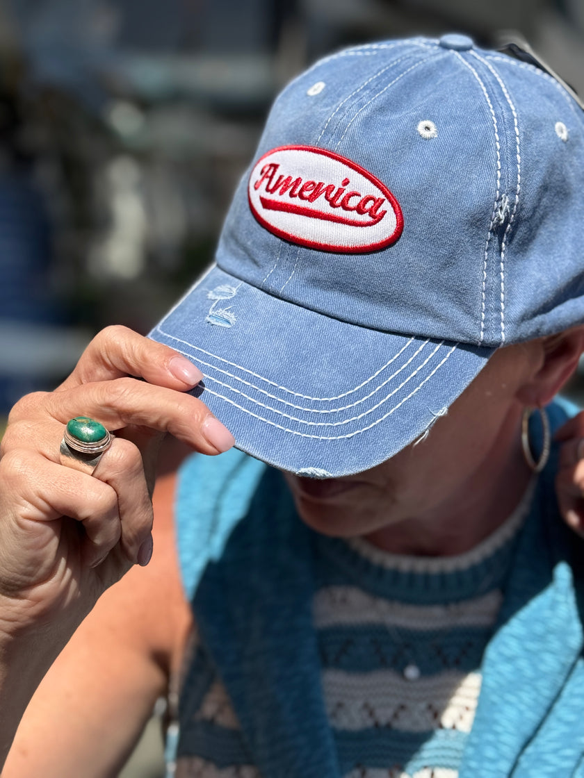 AMERICA embroidery Patch Distressed Baseball Cap - Denim 