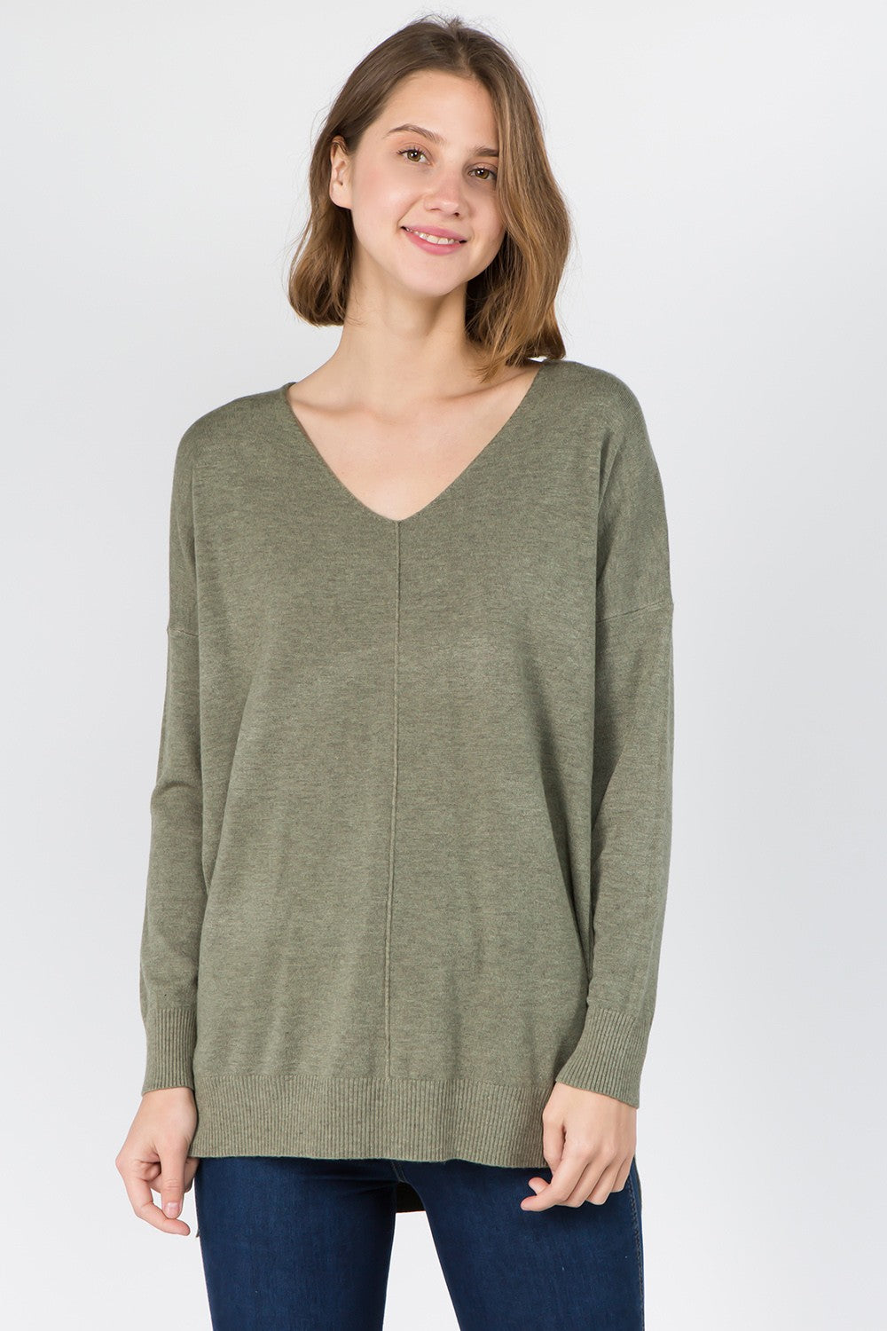 Christi Front Seam Sweater ~ Heather Med Olive