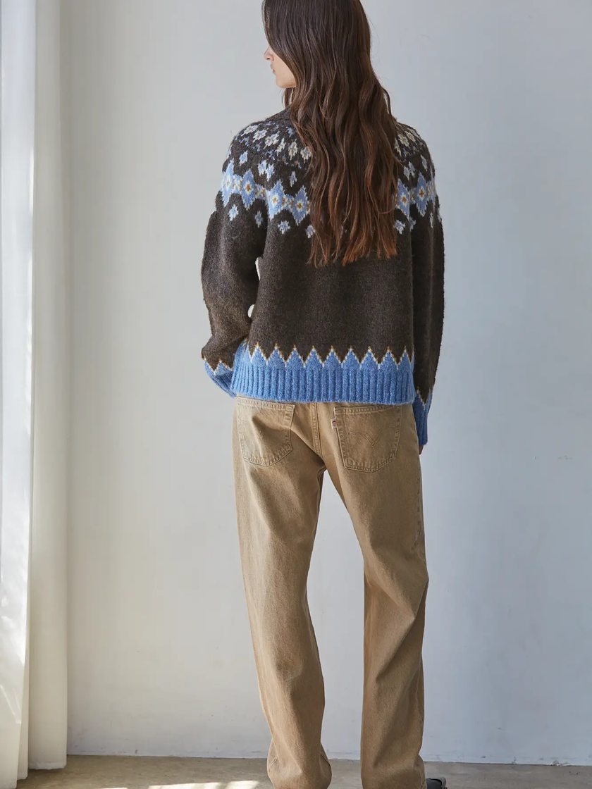 Knit Sweater Fair Isle Zip-Up Collar Neck Cardigan