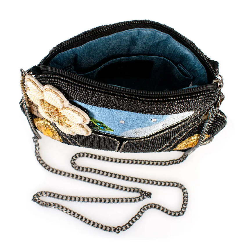 On the Road Black Car White Flower Beaded Crossbody Handbag interior