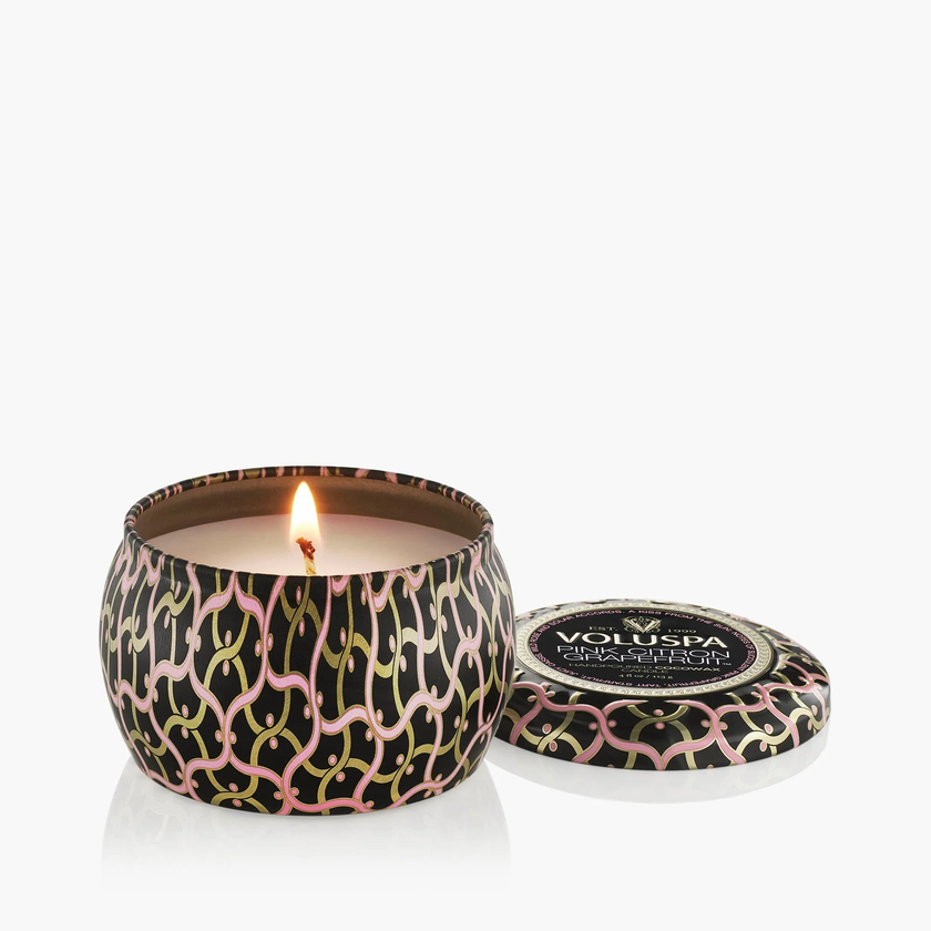 Pink Citron Mini Tin Candle lit
