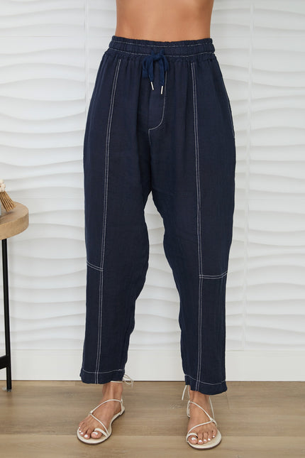 Drawstring Waistband Edge Stitch Detail, navy blue-front