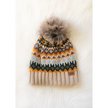 Taupe & Multicolored Patterned Pom Hat