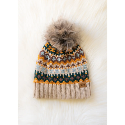 Taupe & Multicolored Patterned Pom Hat