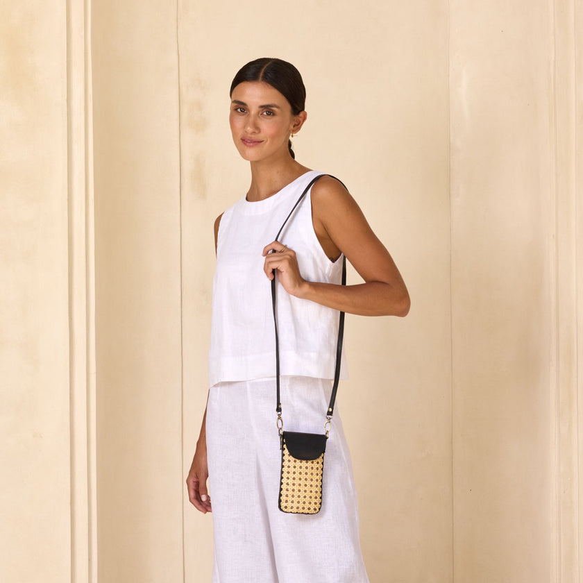 Rattan Cane Cell Phone Crossbody Bag - Black-detail for scale