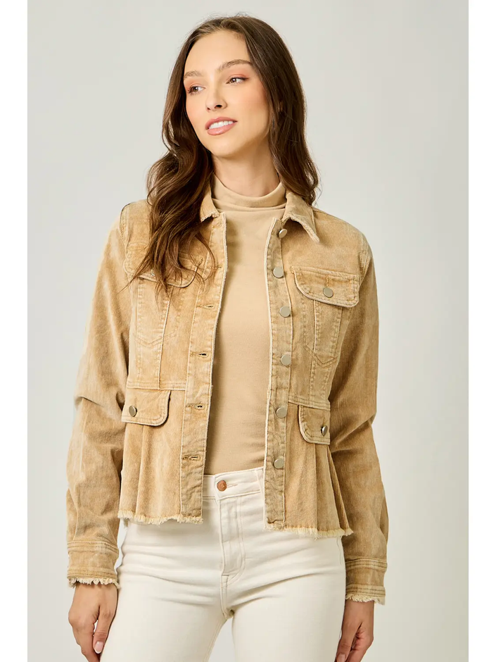 WASHED DENIM PEPLUM JACKET washed gold front unbuttoned