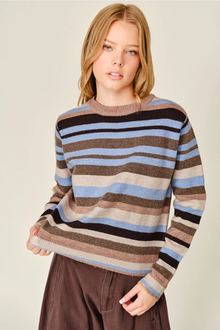Wool Mix Striped Pullover Sweater Top, brown multi-front