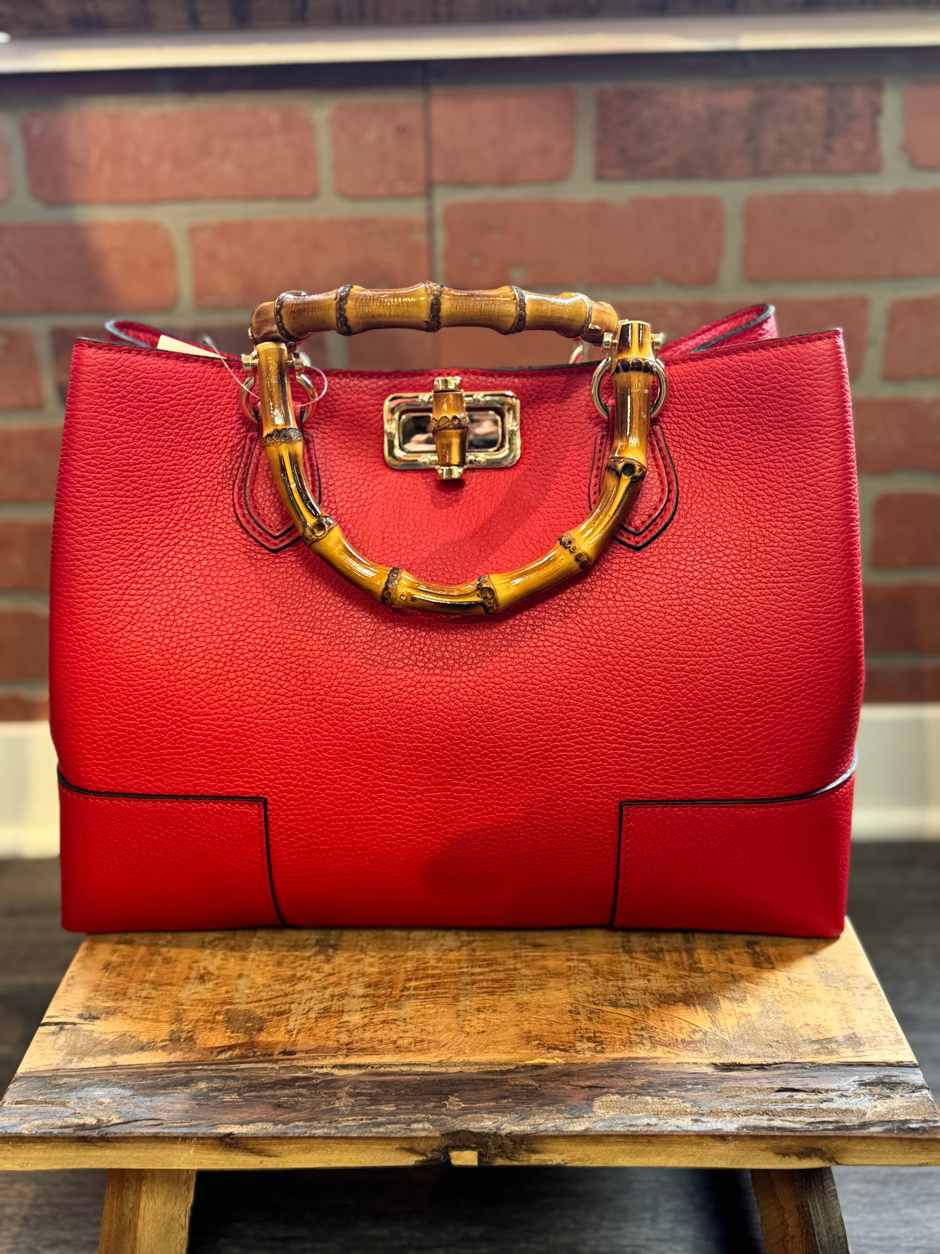 Women's Bag in Genuine Leather with Real Bamboo Hand | Rosso front