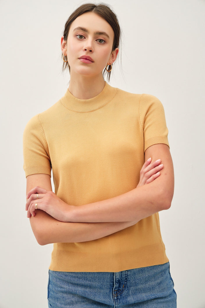 Avena Short Sleeve Knit MockNeck Sweater mustard