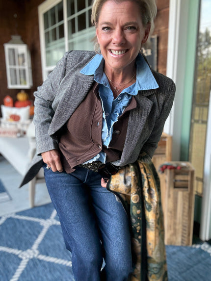 button down ruffle denim top