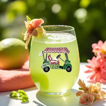 Golf Cart  Jeweled Stemless Wine Glass