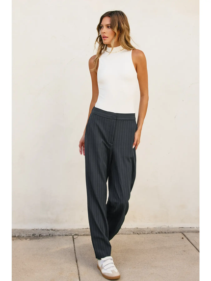 Strictly Business Pinstriped Wide Leg Trousers, charcoal/black-front