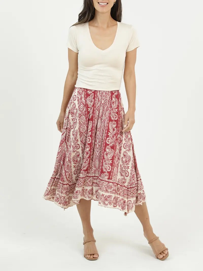 Hanky Hem Printed Midi Skirt Cinnamon