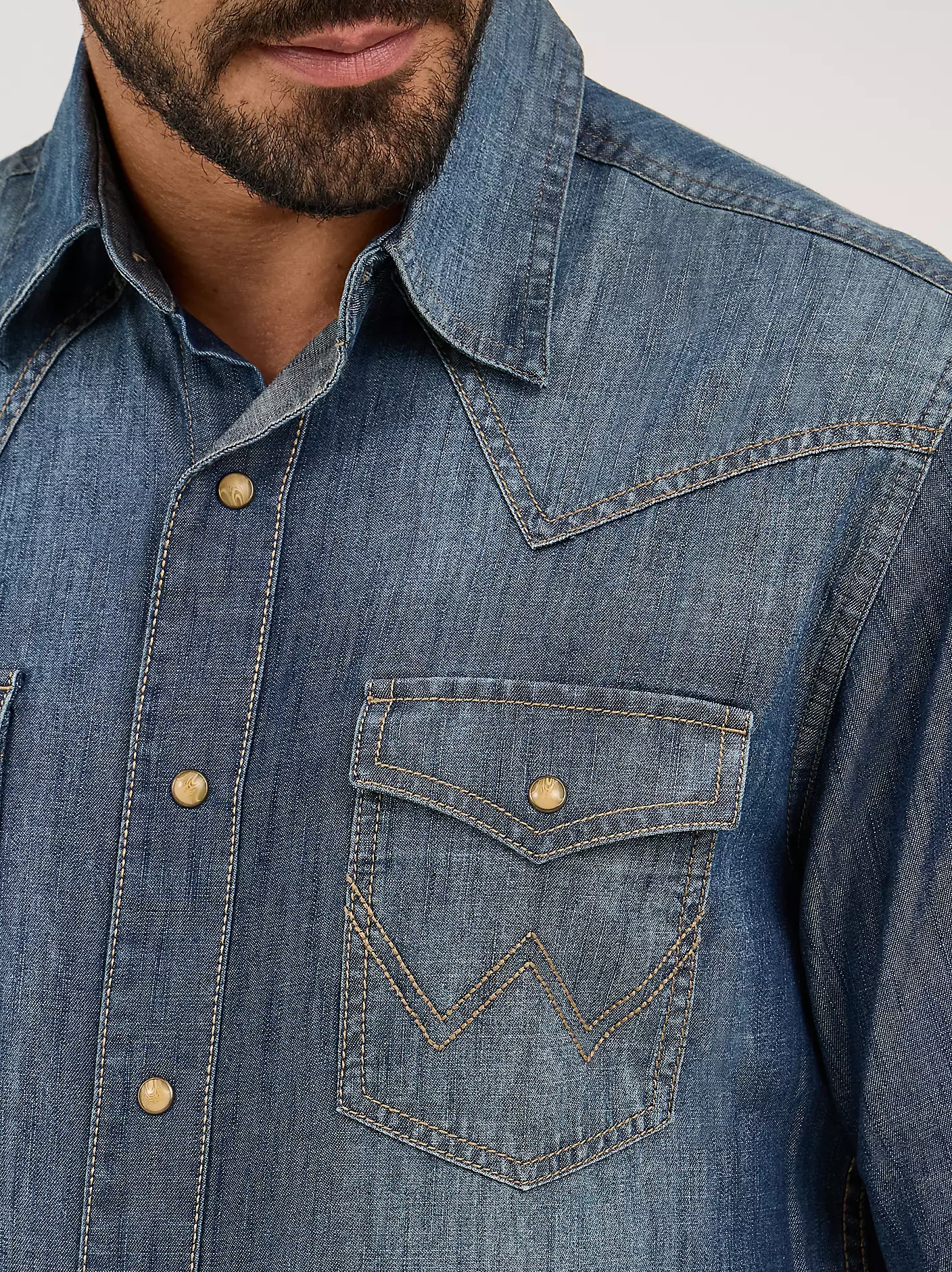 Mens Wrangler Retro Denim Shirt pocket close up