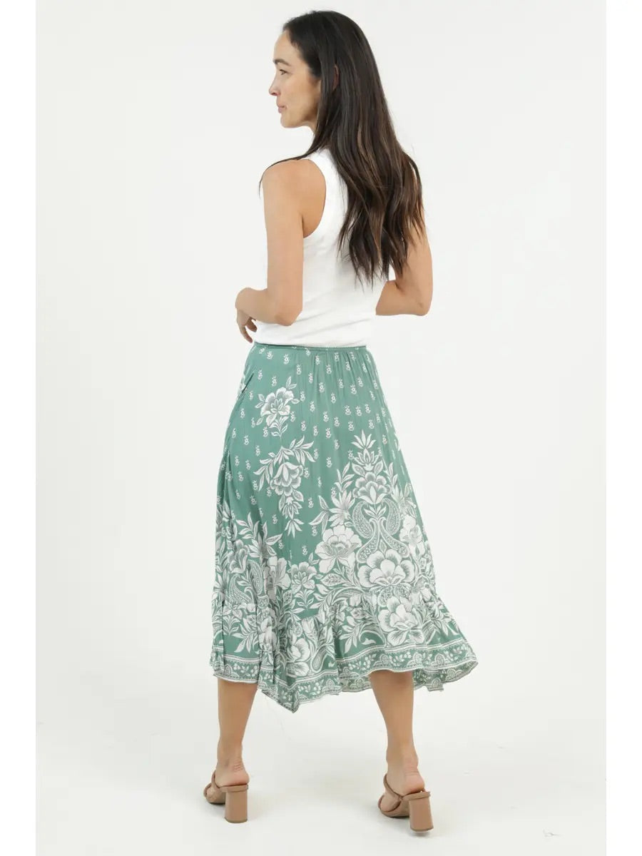 Printed A Line Hanky Hem Midi Skirt Green
