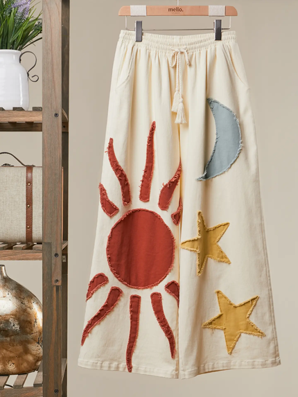 Sun Moon Star Patch Wide Pants, cream-front
