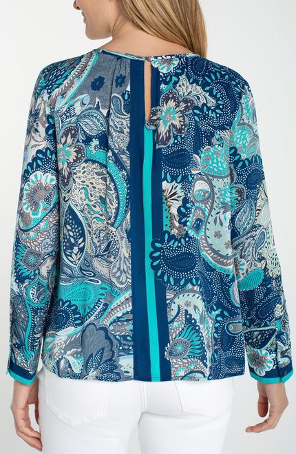 Long Sleeve Woven Top W/ Keyhole Neckline