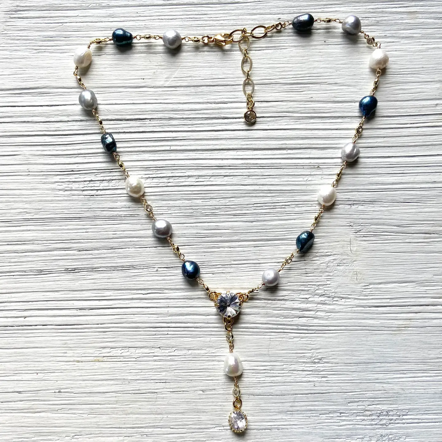Crystal and Denim Mixpearl Drop Necklace- Golden Romance