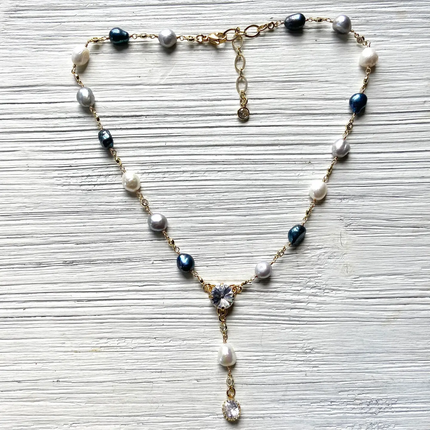 Crystal and Denim Mixpearl Drop Necklace- Golden Romance