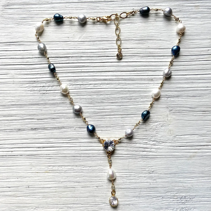 Crystal and Denim Mixpearl Drop Necklace- Golden Romance