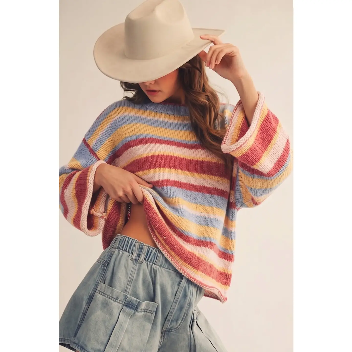 Malibu Breeze Stripe Relaxed Knit Sweater,  red burgundy-front