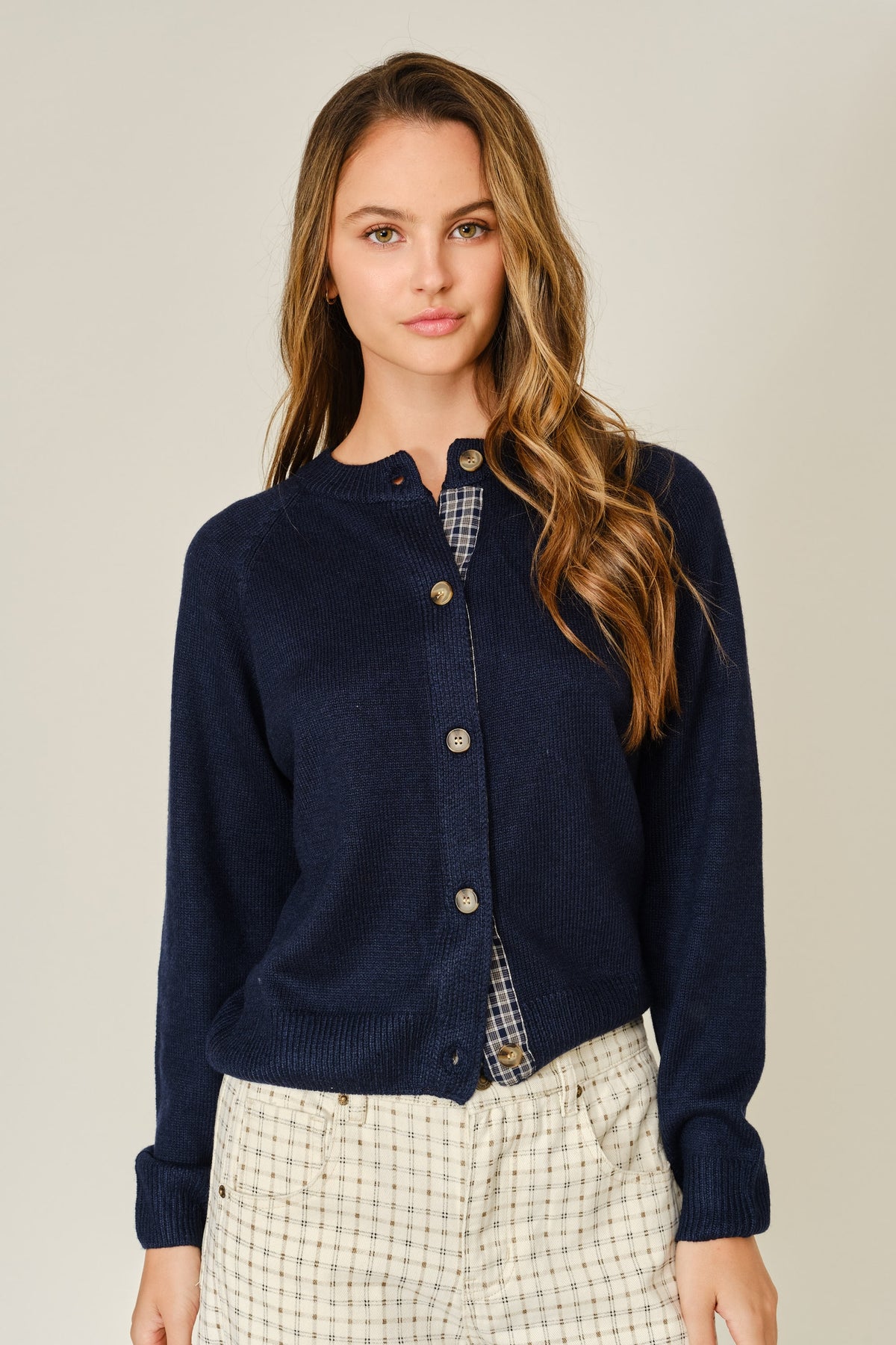 Wool Blended Plaid Placket Sweater Cardigan