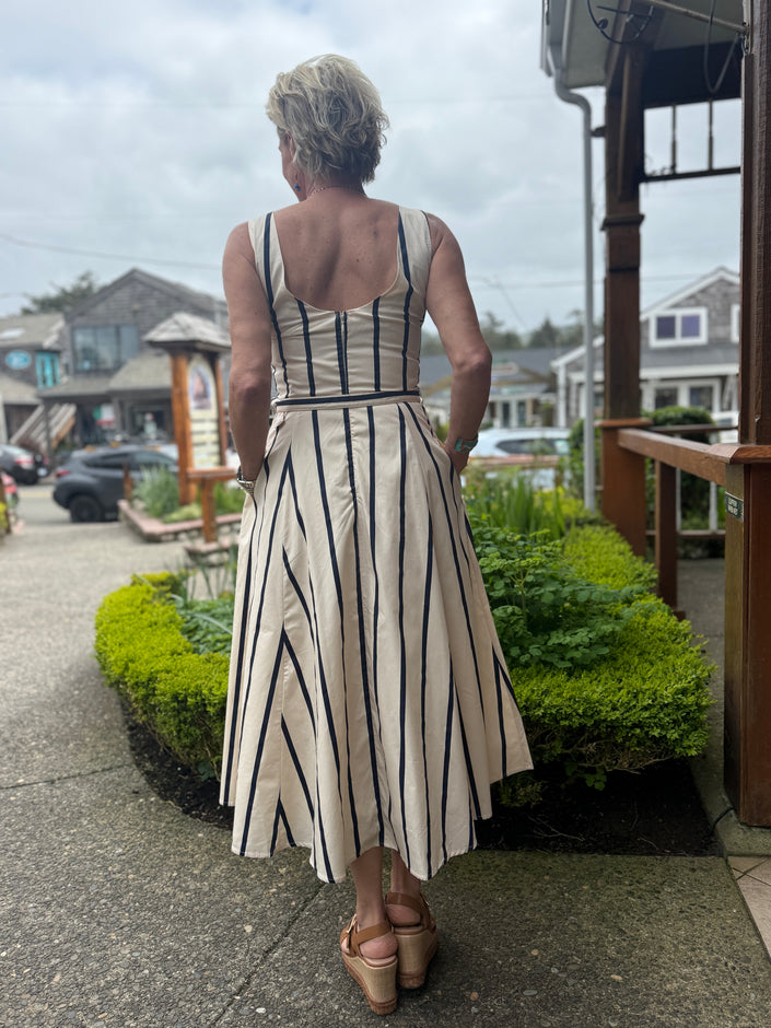 Agatha Striped Midi Dress, ecru navy-back
