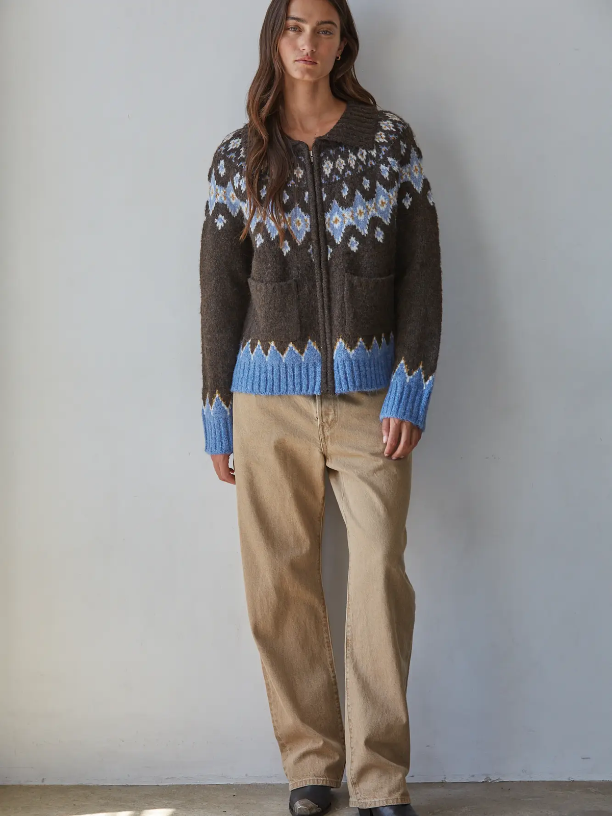 Knit Sweater Fair Isle Zip-Up Collar Neck Cardigan